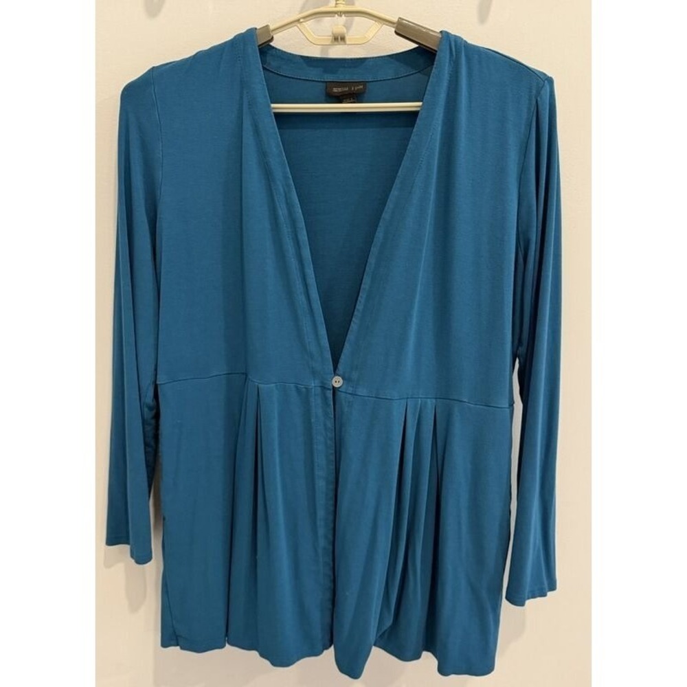 J Jill Wearever 1 Button Peplum Cardigan‎ Pockets Teal Blue Swing M Petite